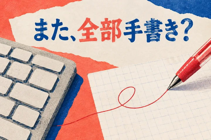 キーボードと赤いペンのコラージュに「また、全部手書き?」