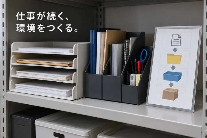 架空の職場の作業棚と「仕事が続く、環境をつくる。」