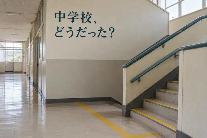 架空の中学校の廊下と階段に「中学校、どうだった?」