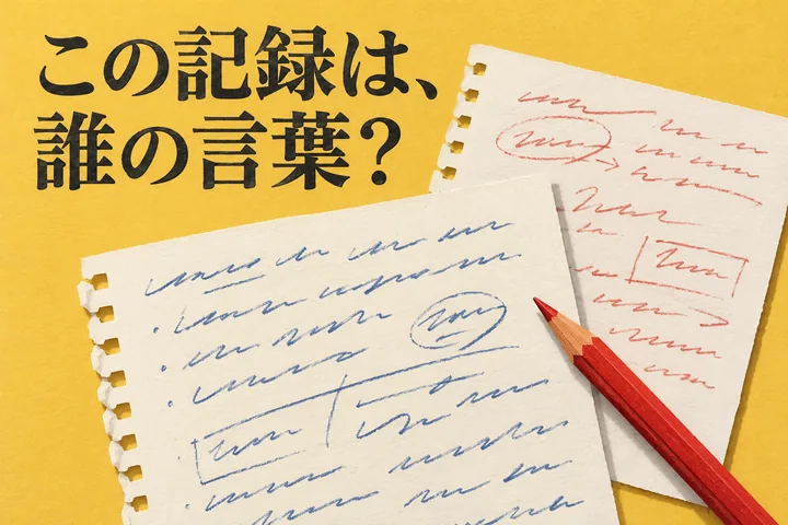 重なる記録用紙と「この記録は、誰の言葉?」